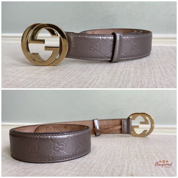 Authentic Gucci Rose Metallic Guccissima Leather Gold Interlocking G Buckle Belt - Picture 10 of 13